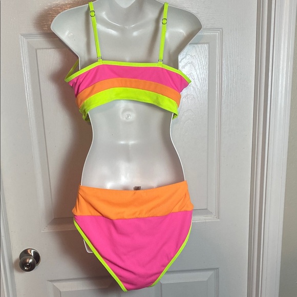 Neon Colorblock High-Waist Bikini Set - Pink & Orange - Picture 7 of 10